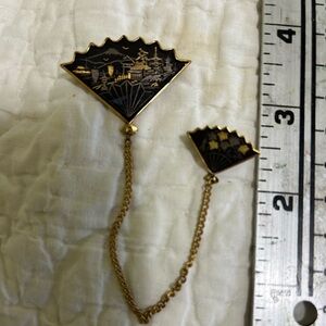 Vintage Amita SweaterGuard fan Brooch Incised Damascene from Japan.Gold & silver